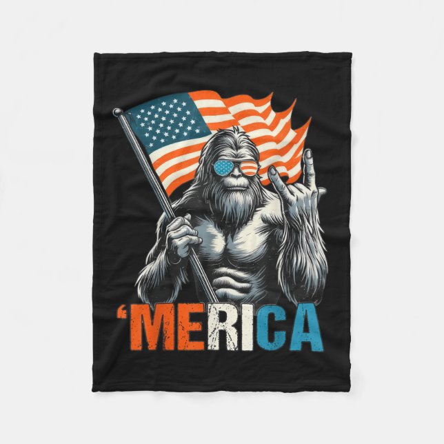 Bigfoot Merica Rock American Flag Patriotic 4th Of Fleece Blanket (Front)