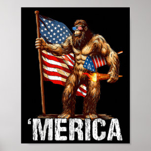 Bigfoot Merica Rock American Flag Patriotic 4th Of Poster