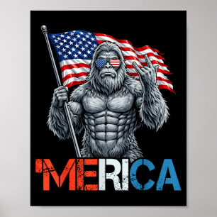Bigfoot Merica Rock American Flag Patriotic 4th of Poster