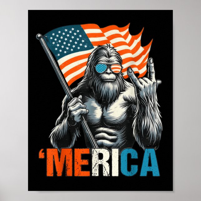 Bigfoot Merica Rock American Flag Patriotic 4th Of Poster (Front)