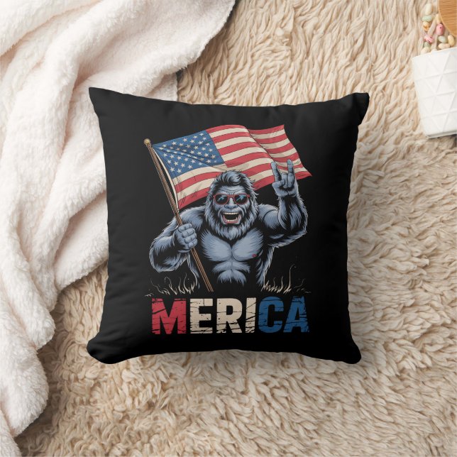 Bigfoot Merica Rock American Flag Patriotic  Cushion (Blanket)