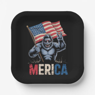 Bigfoot Merica Rock American Flag Patriotic  Paper Plate