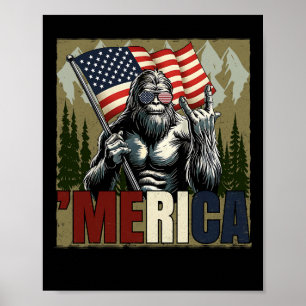 Bigfoot Merica Rock American Flag Sasquatch 4th Of Poster
