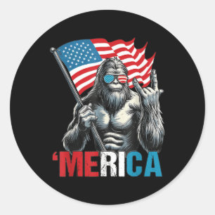 Bigfoot Merica Rock Patriotic American Flag 4th Of Classic Round Sticker