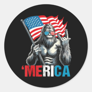 Bigfoot Merica Rock Patriotic American Flag 4th Of Classic Round Sticker
