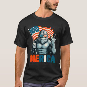 Bigfoot Merica Rock Patriotic American Flag 4th of T-Shirt