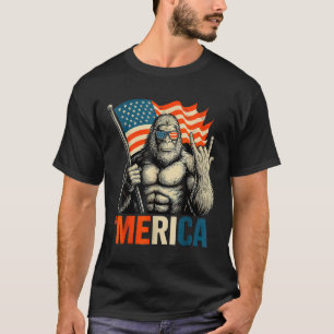 Bigfoot Merica Rock Patriotic American Flag 4th Of T-Shirt