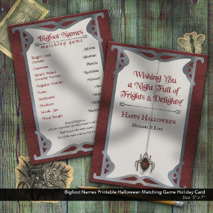 Bigfoot Names Printable Halloween Matching Game Holiday Card