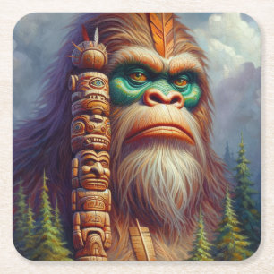 Bigfoot Native American Totem Square Paper Coaster