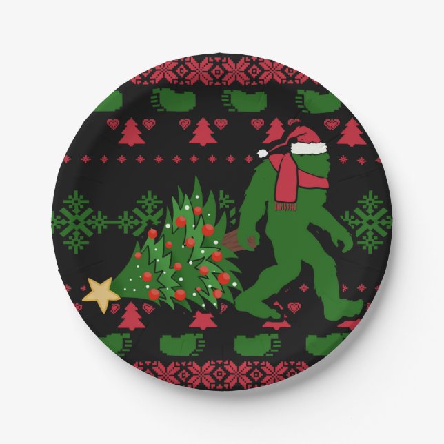 Bigfoot on knit background paper plate (Front)