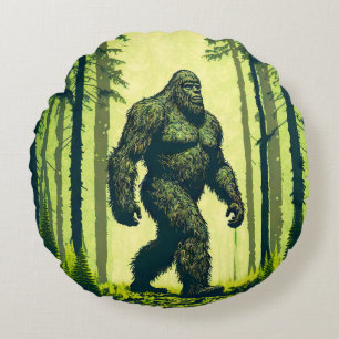 Bigfoot Out For A Forest Walk Sasquatch Round Cushion