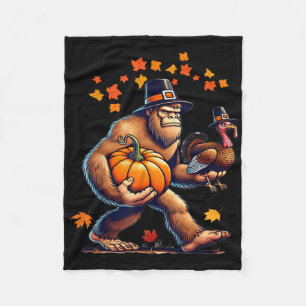 Bigfoot Pilgrim Hat Turkey Day Pumpkin Thanksgivin Fleece Blanket