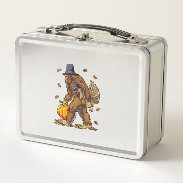 Bigfoot Pilgrim Turkey Pumpkin Thanksgiving Day Bo Metal Lunch Box (Front)