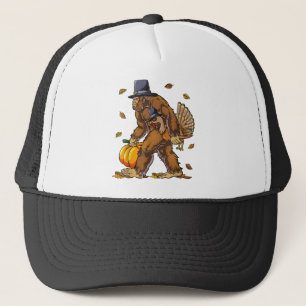 Bigfoot Pilgrim Turkey Pumpkin Thanksgiving Day Bo Trucker Hat