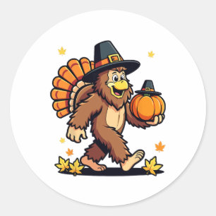 Bigfoot Pilgrim Turkey Pumpkin Thanksgiving Men Wo Classic Round Sticker