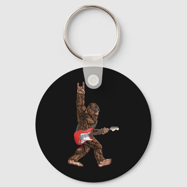 Bigfoot Playing A Electric Guitar Rock On Sasquatc Key Ring (Front)