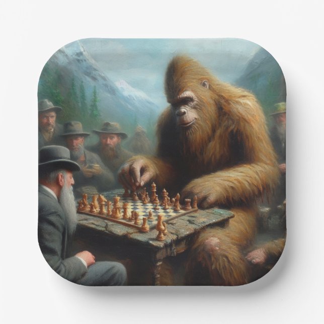 Bigfoot Playing Chess Paper Plate (Front)