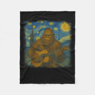 Bigfoot Playing Guitar Van Gogh Starry Night Style Fleece Blanket