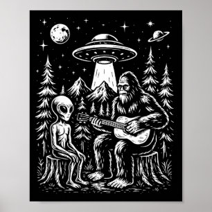 Bigfoot playing guitar with alien and ufo poster