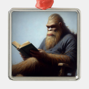 Bigfoot Reading Metal Ornament