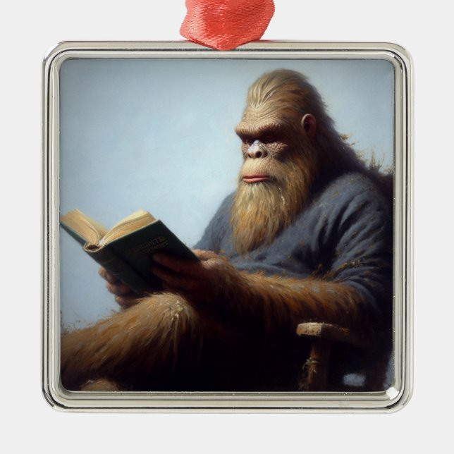 Bigfoot Reading Metal Ornament (Front)