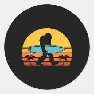 Bigfoot Retro Surfing , Tropical Sasquatch Surfer Classic Round Sticker
