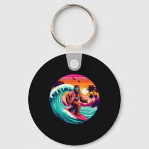 Bigfoot Retro Surfing Tropical Sasquatch Surfering Key Ring