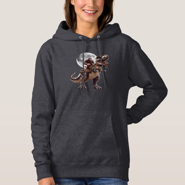 Bigfoot Riding Dinosaur Funny Sasquatch Full Moon Hoodie (Front)