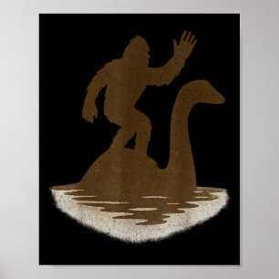 Bigfoot Riding Loch Ness Monster Funny Sasquatch Poster
