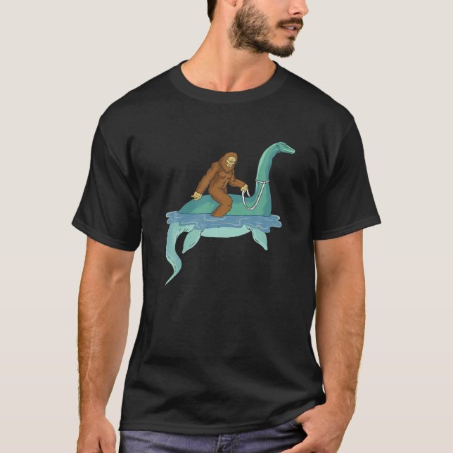 Bigfoot Riding Nessie Sasquatch Loch Ness Monster T-Shirt (Front)