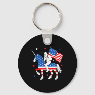 Bigfoot Riding Unicorn Usa Flag Independence Day 4 Key Ring