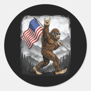 Bigfoot Rock On Hand Sign American Flag 4th of Classic Round Sticker