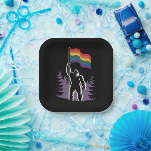 Bigfoot Rock On LGBTQ Progressive New Pride Flag Paper Plate