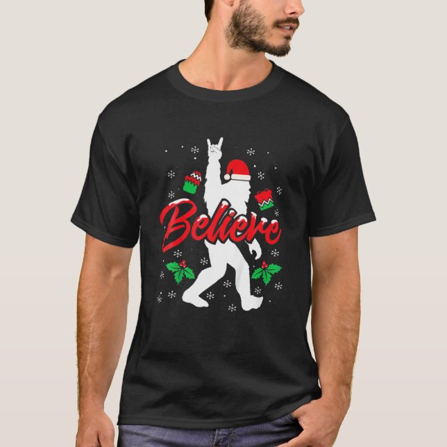 Bigfoot Santa Believe Funny Bigfoot Christmas Rock T-Shirt (Front)