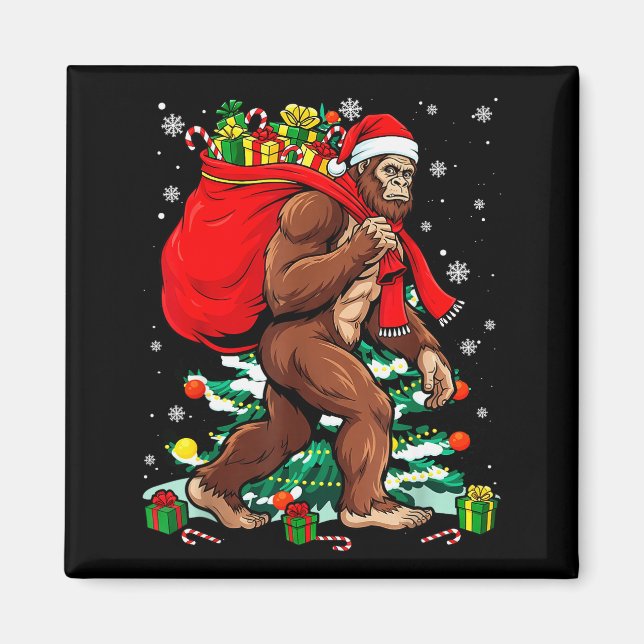 Bigfoot Santa Carrying Christmas Bag Xmas Hat Sasq Magnet (Front)