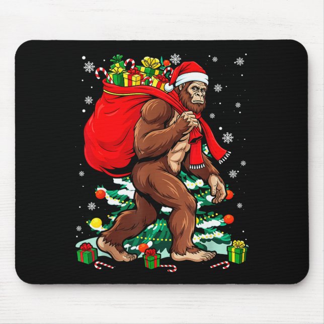 Bigfoot Santa Carrying Christmas Bag Xmas Hat Sasq Mouse Pad (Front)