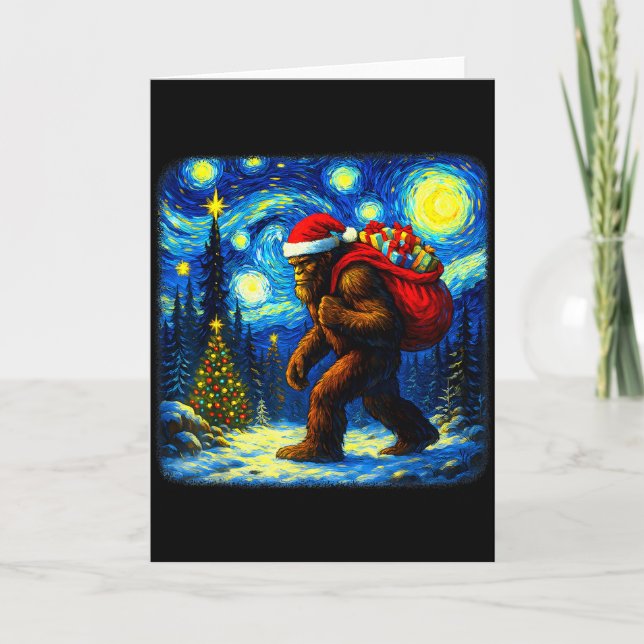 Bigfoot Santa Christmas Starry Night Sasquatch Van Card (Front)