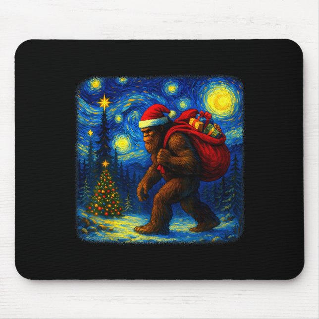 Bigfoot Santa Christmas Starry Night Sasquatch Van Mouse Pad (Front)