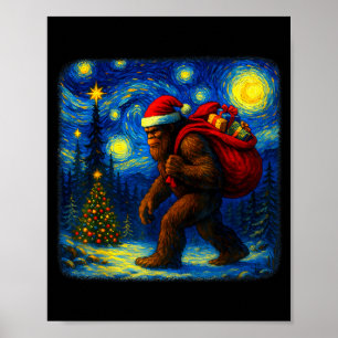 Bigfoot Santa Christmas Starry Night Sasquatch Van Poster