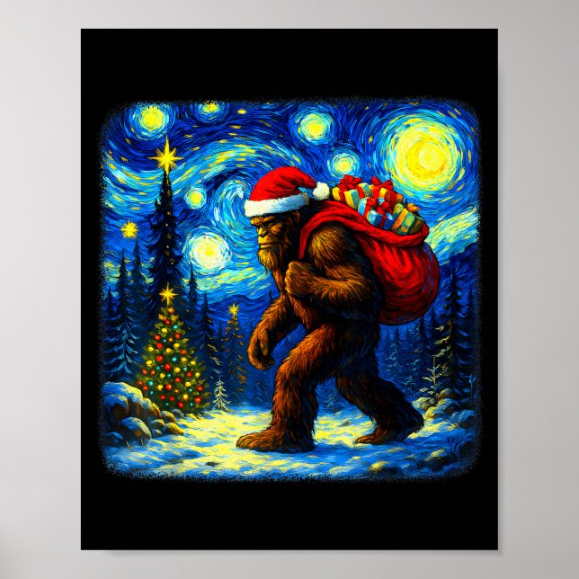 Bigfoot Santa Christmas Starry Night Sasquatch Van Poster (Front)