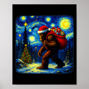 Bigfoot Santa Christmas Starry Night Sasquatch Van Poster