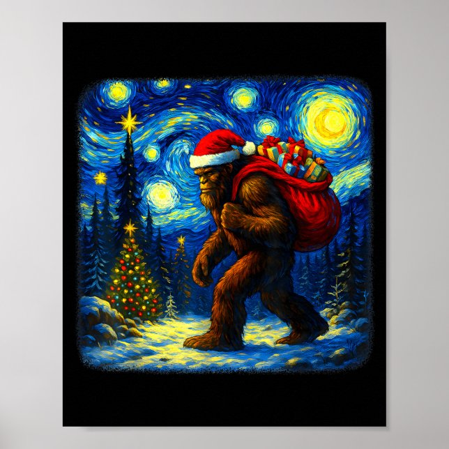 Bigfoot Santa Christmas Starry Night Sasquatch Van Poster (Front)
