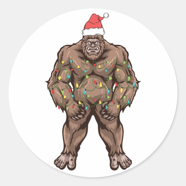 Bigfoot Santa Christmas Tree Lights Classic Round Sticker (Front)