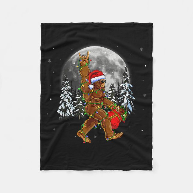 Bigfoot Santa Christmas Tree Lights Funny Xmas Sas Fleece Blanket (Front)
