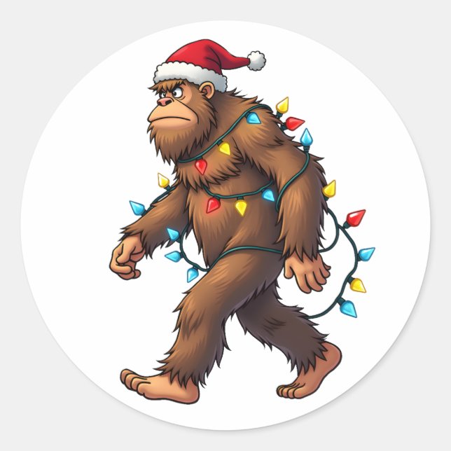 Bigfoot Santa Christmas Tree Lights Xmas Boys Men  Classic Round Sticker (Front)