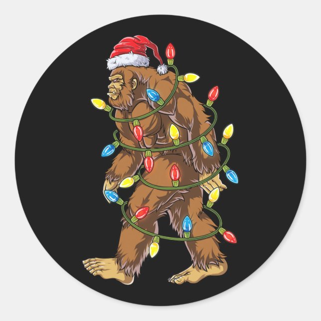 bigfoot santa christmas tree lights xmas boys men  classic round sticker (Front)