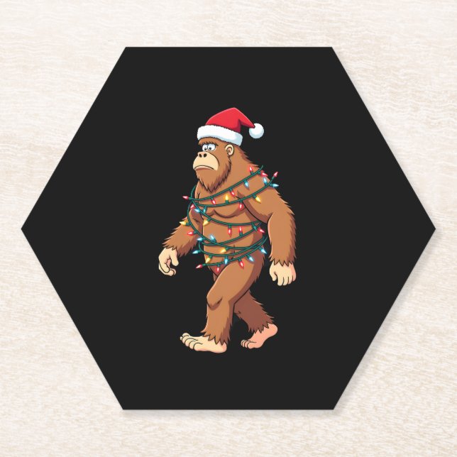 Bigfoot Santa Christmas Tree Lights Xmas Boys Men  Paper Coaster (Front)