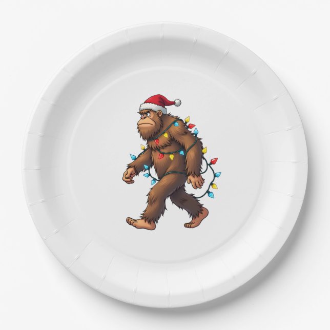 Bigfoot Santa Christmas Tree Lights Xmas Boys Men  Paper Plate (Front)