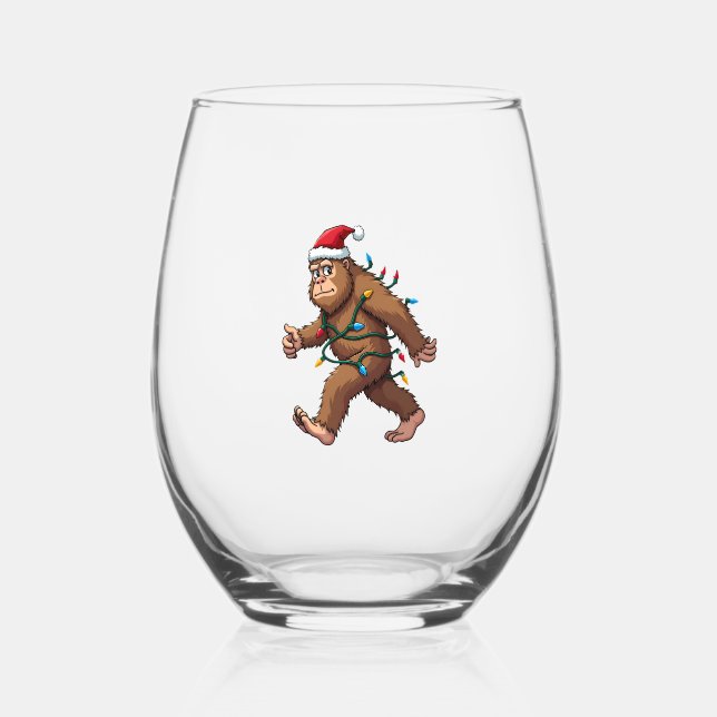 Bigfoot Santa Christmas Tree Lights Xmas Boys Men  Stemless Wine Glass (Front)