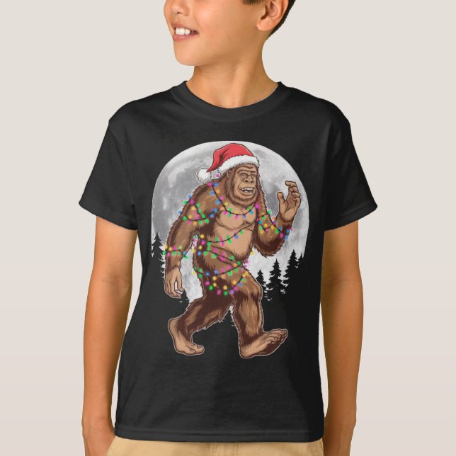 Bigfoot Santa Christmas Tree Lights Xmas Sasquatch T-Shirt (Front)